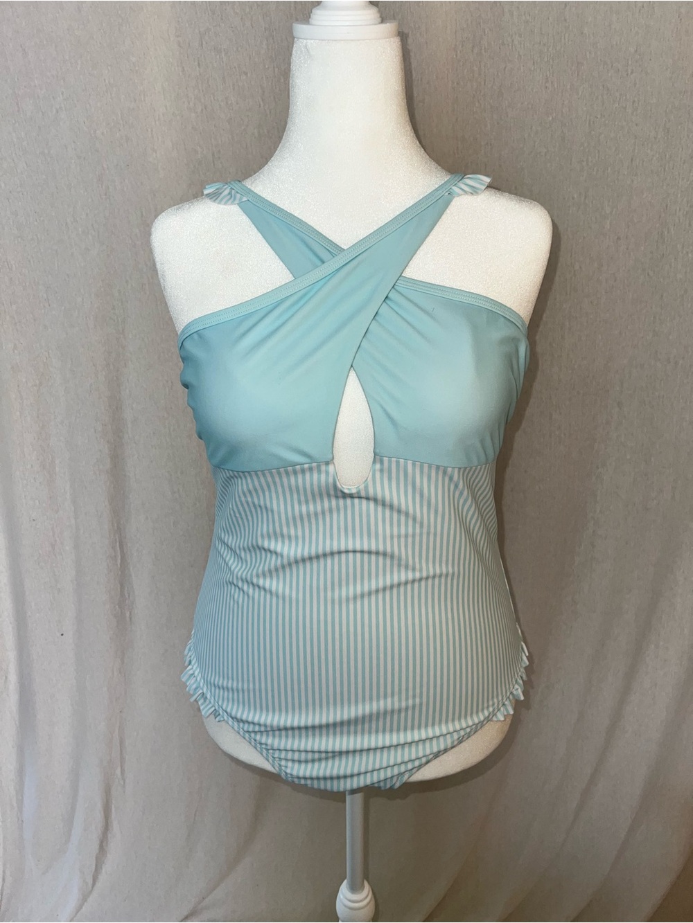 Sky Blue Cross-Front One-Piece Swimsuit with Keyhole